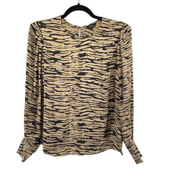 Rails Rozz Canyon Gold Black Animal Stripe Satin Puff Sleeve Blouse Womens Small - Picture 3 of 16